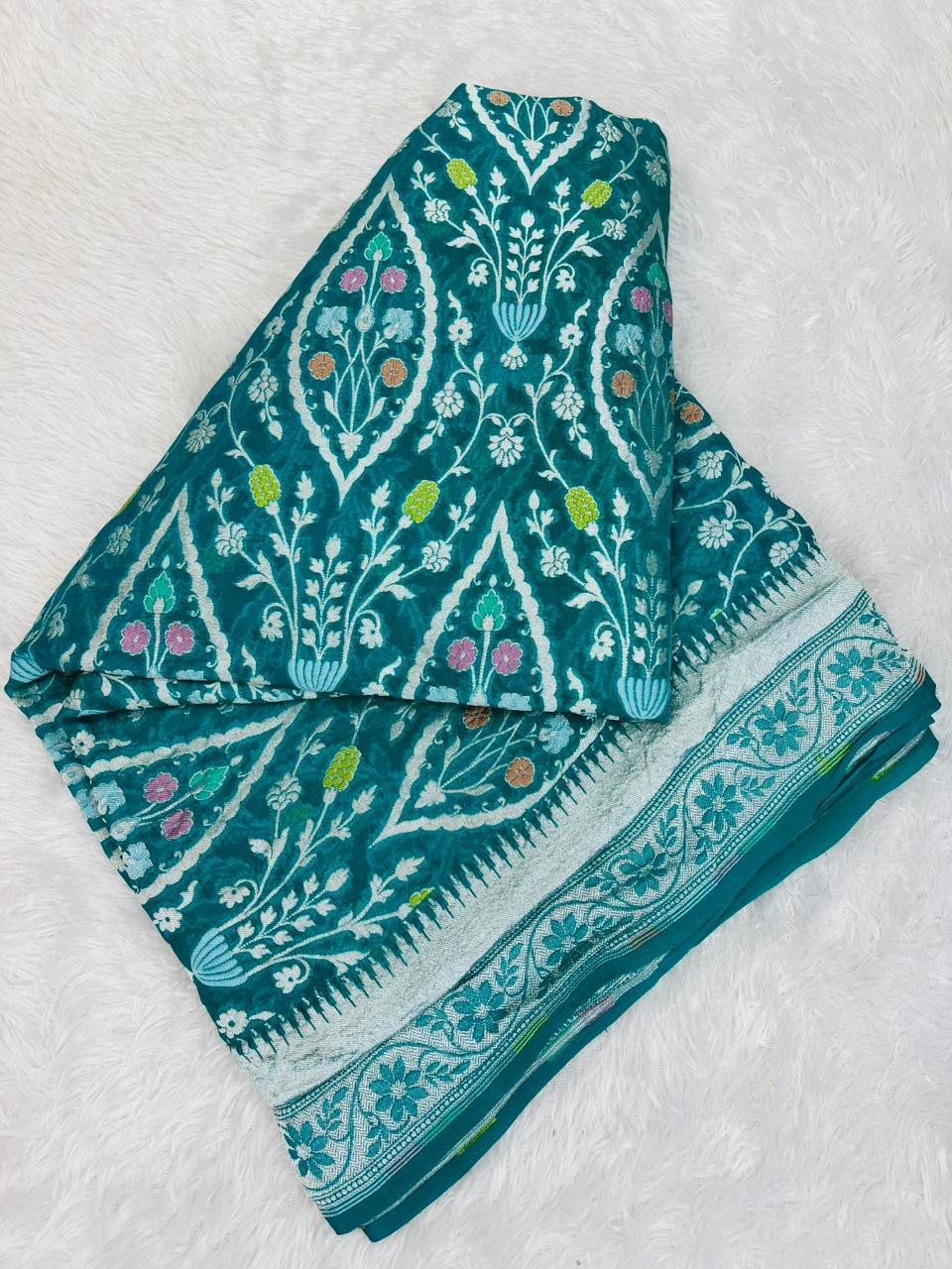Teal Green Pure Tusser Georgette With Floral Meenakari Jall Banarasi Saree