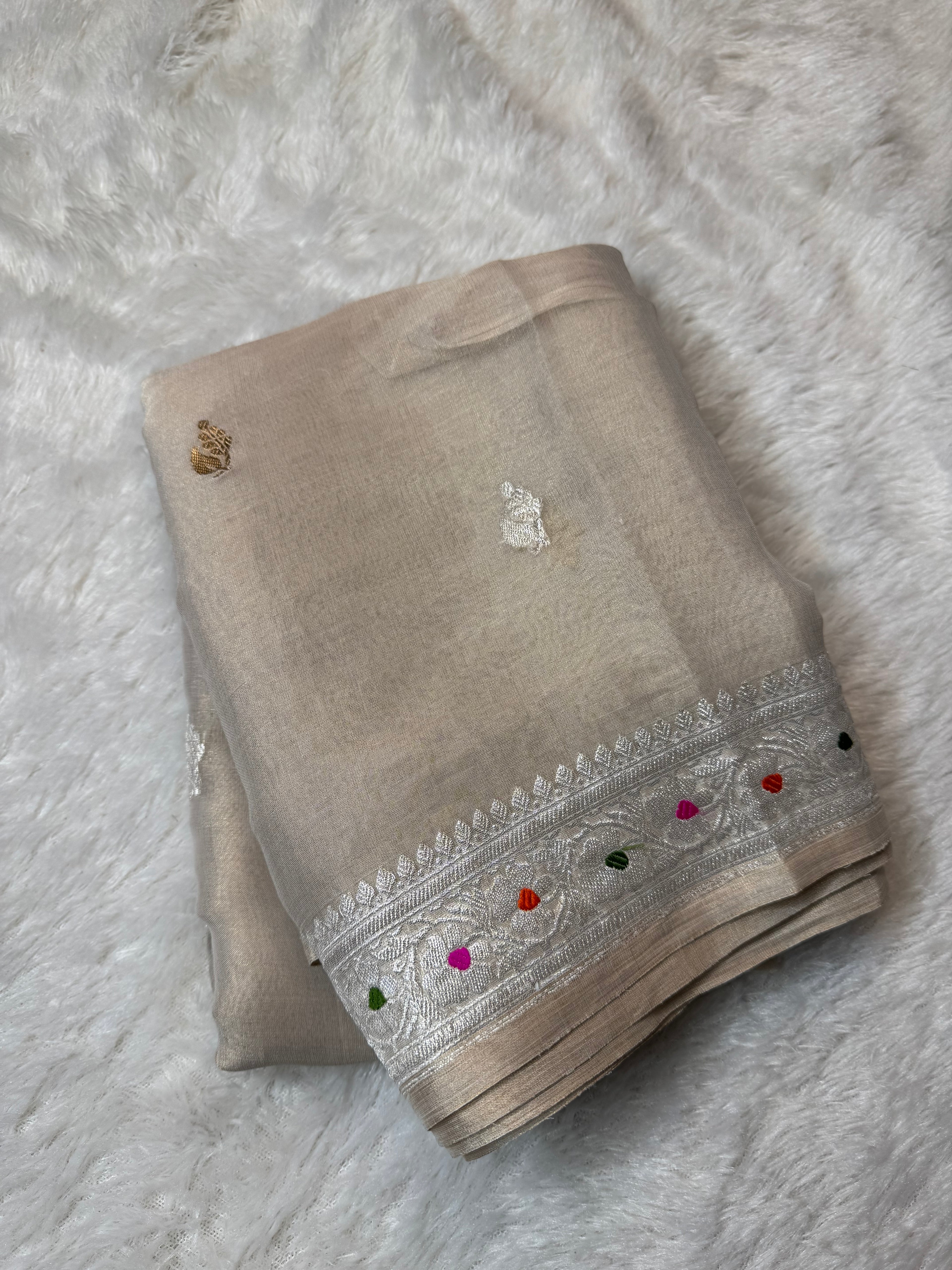 Natural Pure Khaddi Tissue Chiffon Sona & Roopa Meenakari Banarasi Saree