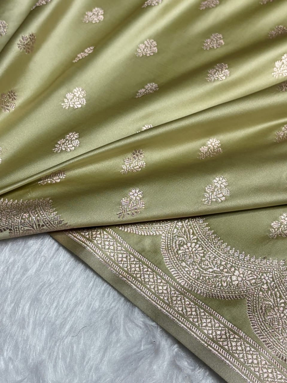 Olive Green Mashru Katan Silk Banarasi Saree