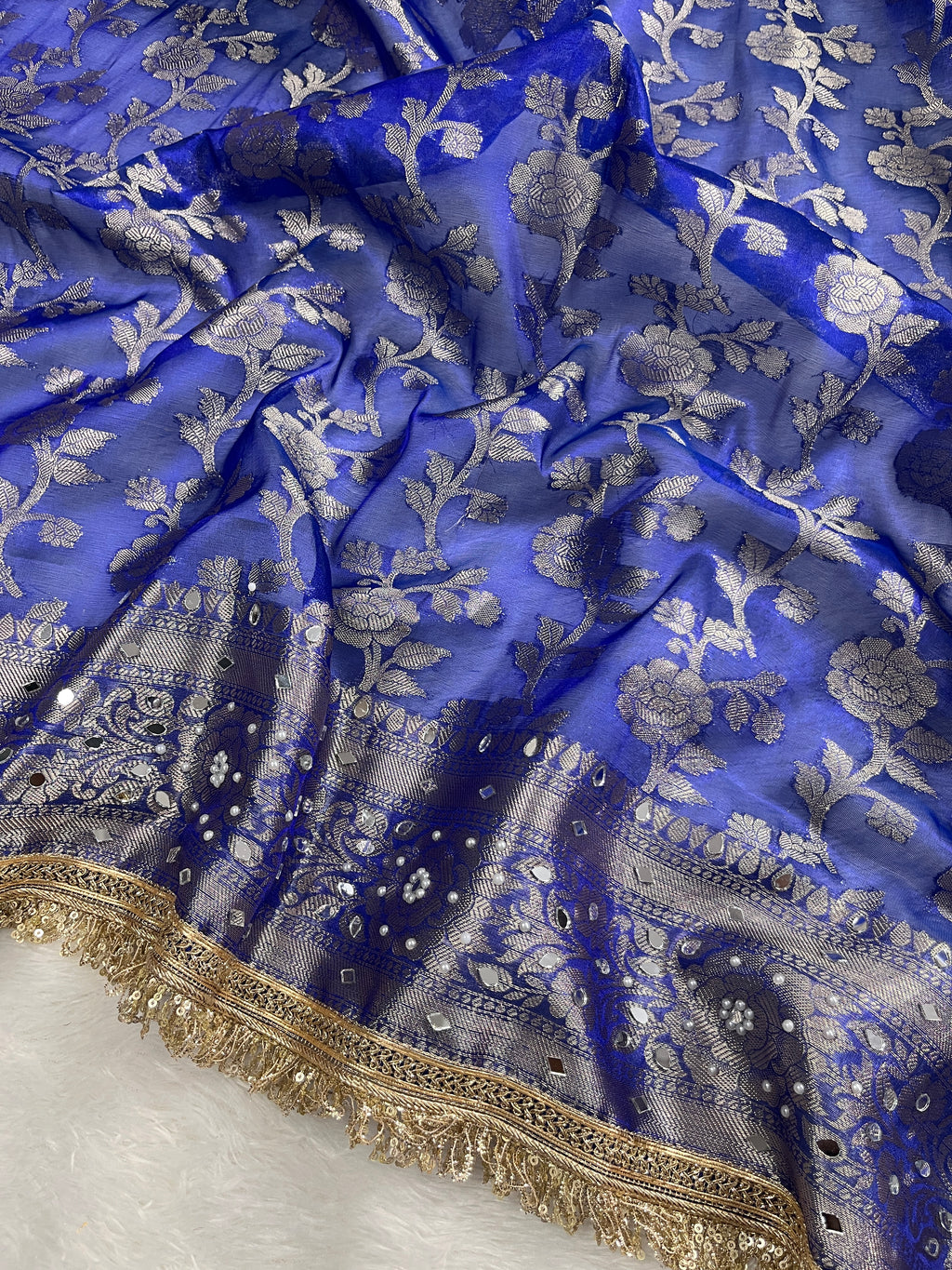 Royal Blue Mirror Work Beautiful lace Border Tissue Silk Banarasi Saree