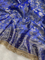 Royal Blue Mirror Work Beautiful lace Border Tissue Silk Banarasi Saree