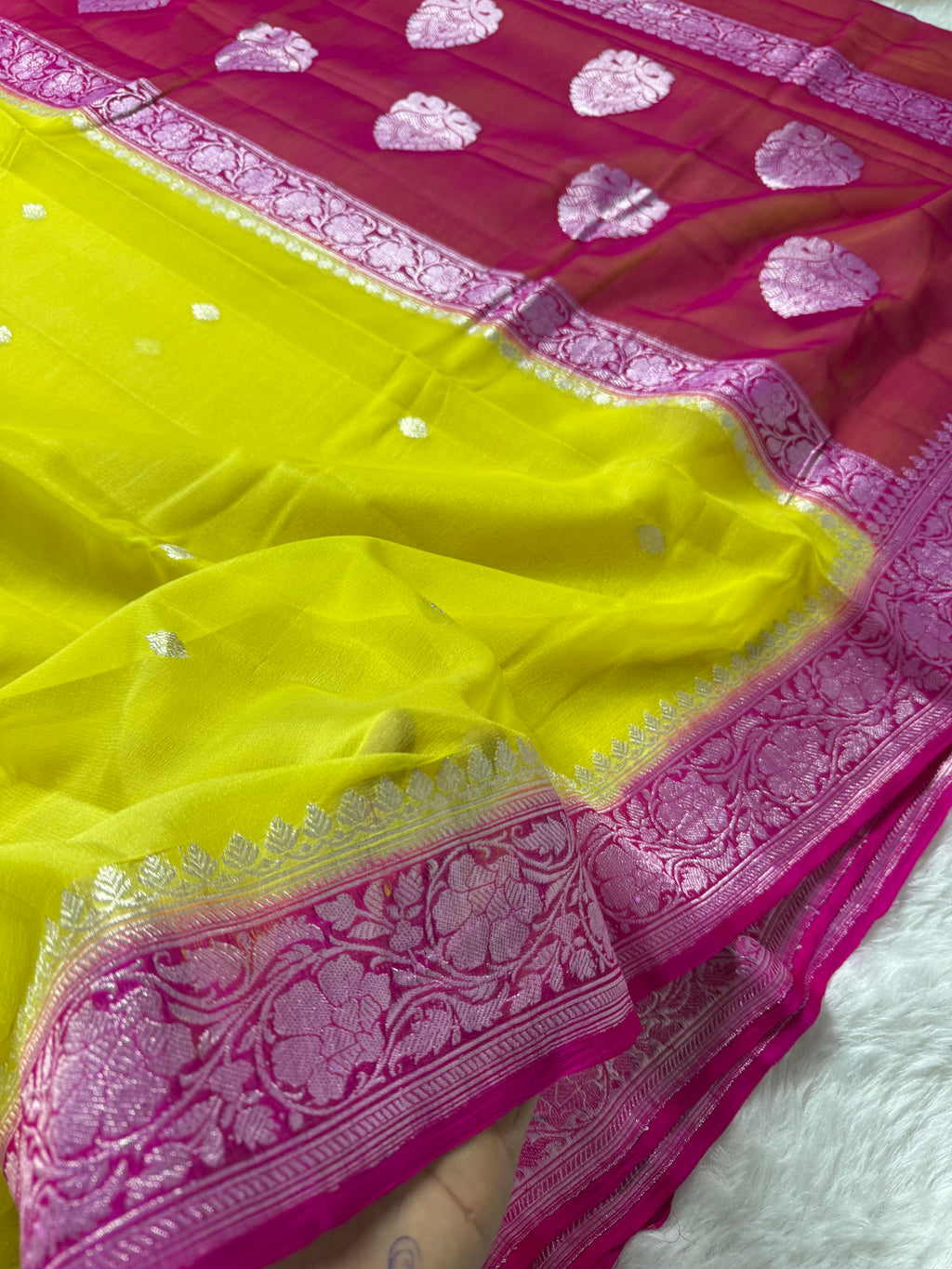 Yellow & Rani Pink Pure Khaddi Chiffon Silk Banarasi Saree
