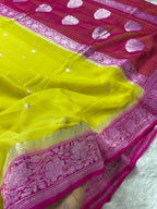 Yellow & Rani Pink Pure Khaddi Chiffon Silk Banarasi Saree