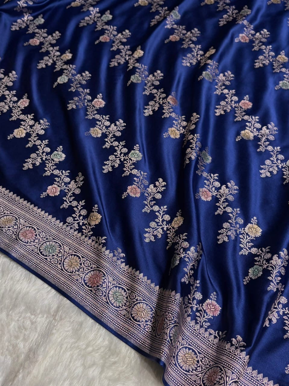 Navy Blue Meenakari Mashru Katan Silk Banarasi Saree