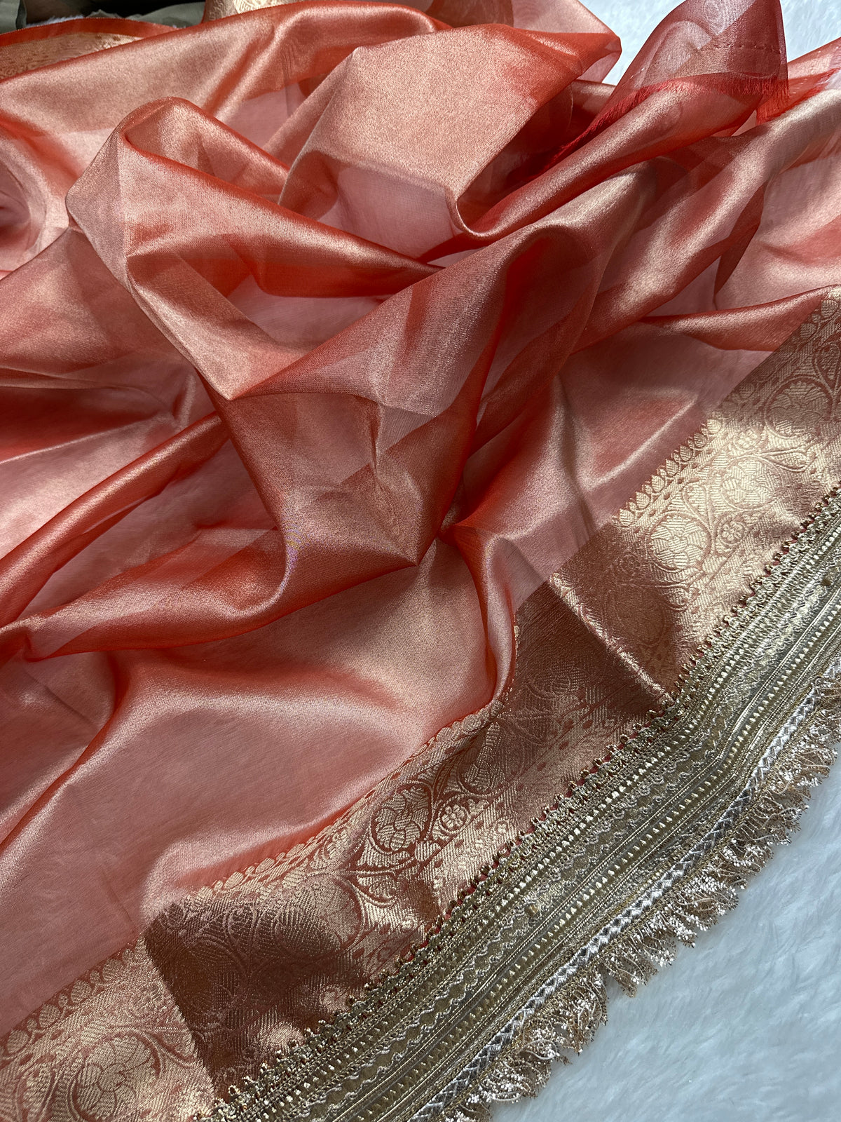 Peach Beautiful Lace Border Tissue Silk Banarasi Saree