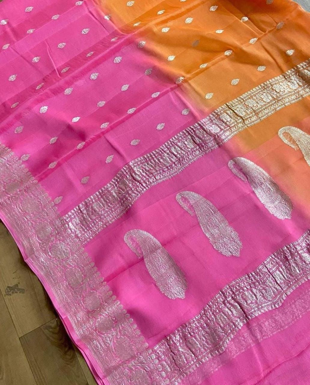 Mustard Orange & Rani Pink Pure Khaddi Chiffon Silk Banarasi Saree