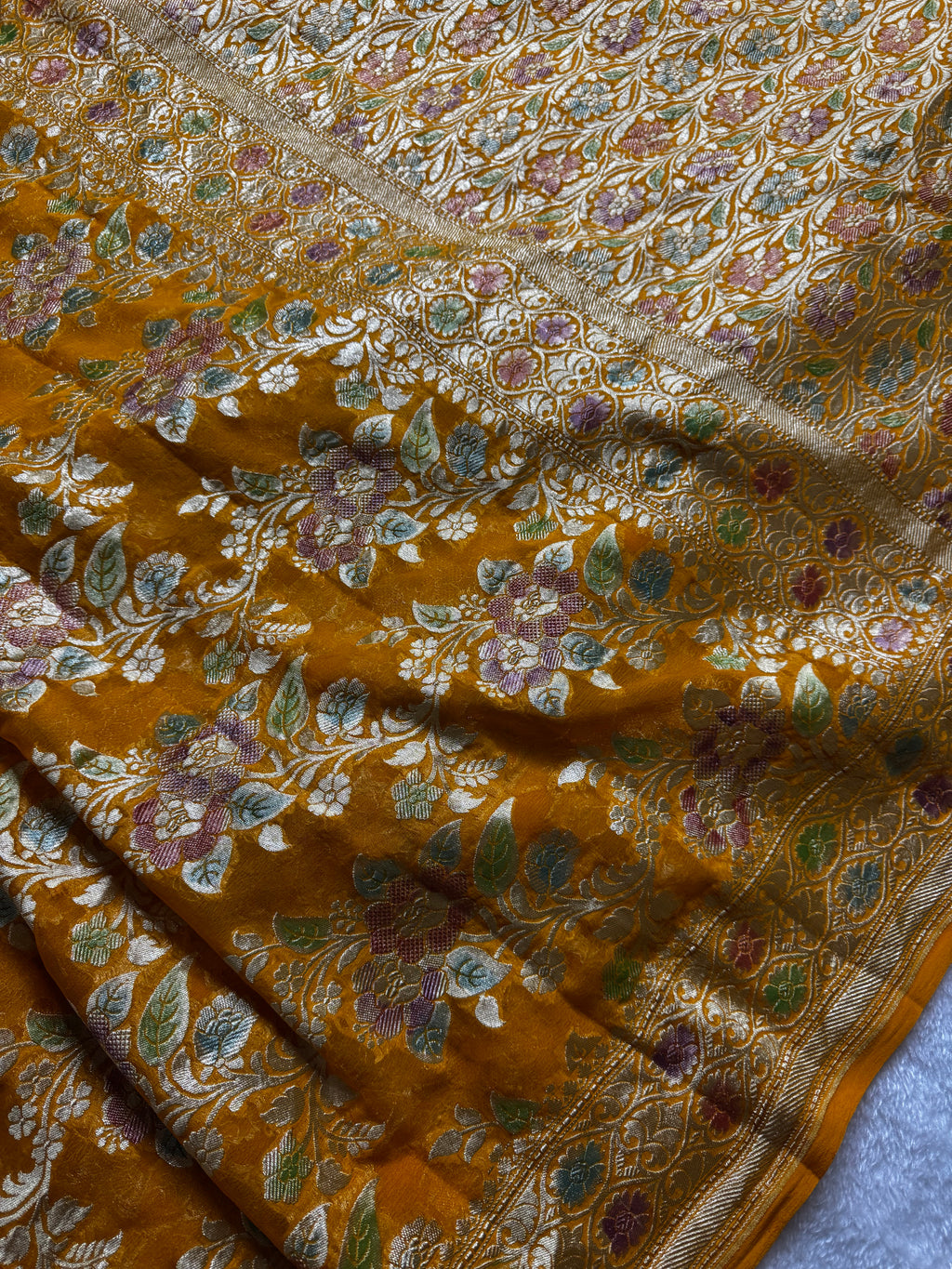 Mustard Yellow Handbrush Pure Khaddi Georgette Silk Banarasi Saree