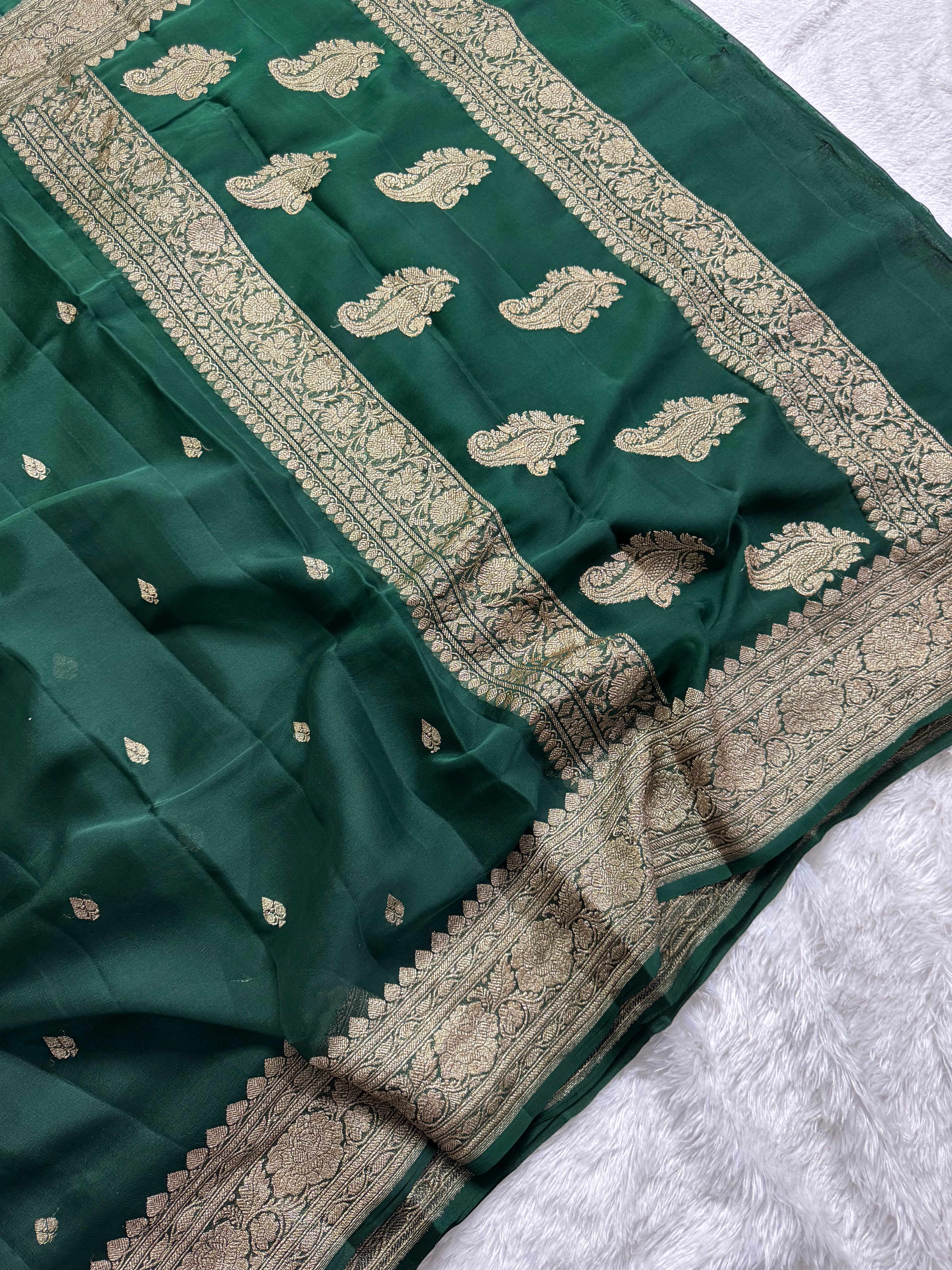 Bottle GreenPure khaddi Chiffon Silk Banarasi Saree