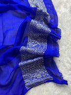 Royal Blue Pure Khaddi Georgette Silk Banarasi Mutter Dana Saree