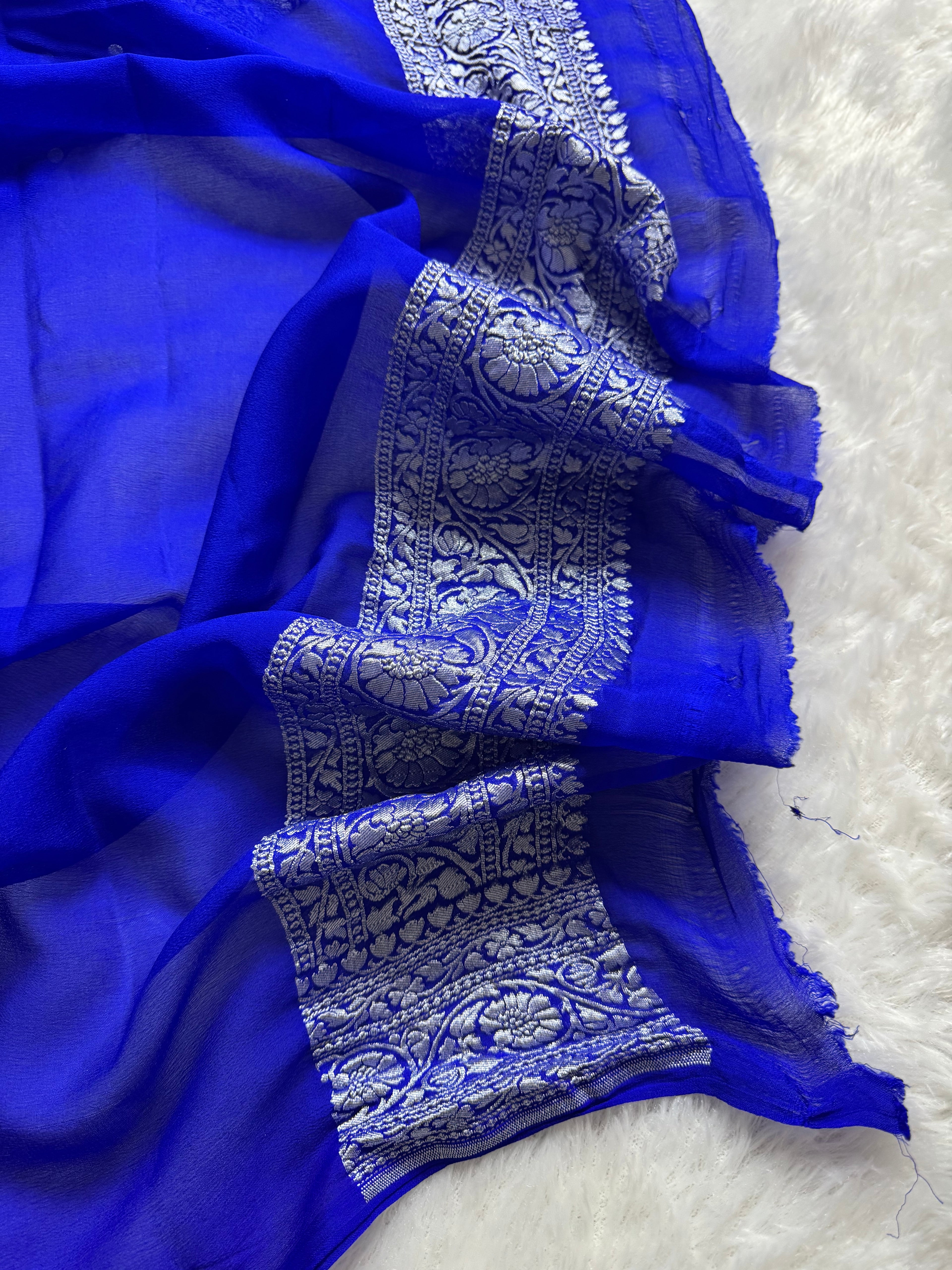 Royal Blue Pure Khaddi Georgette Silk Banarasi Mutter Dana Saree