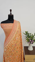 Peach & Orange Handbrush Meenakari Pure Khaddi Georgette Silk Banarasi Saree