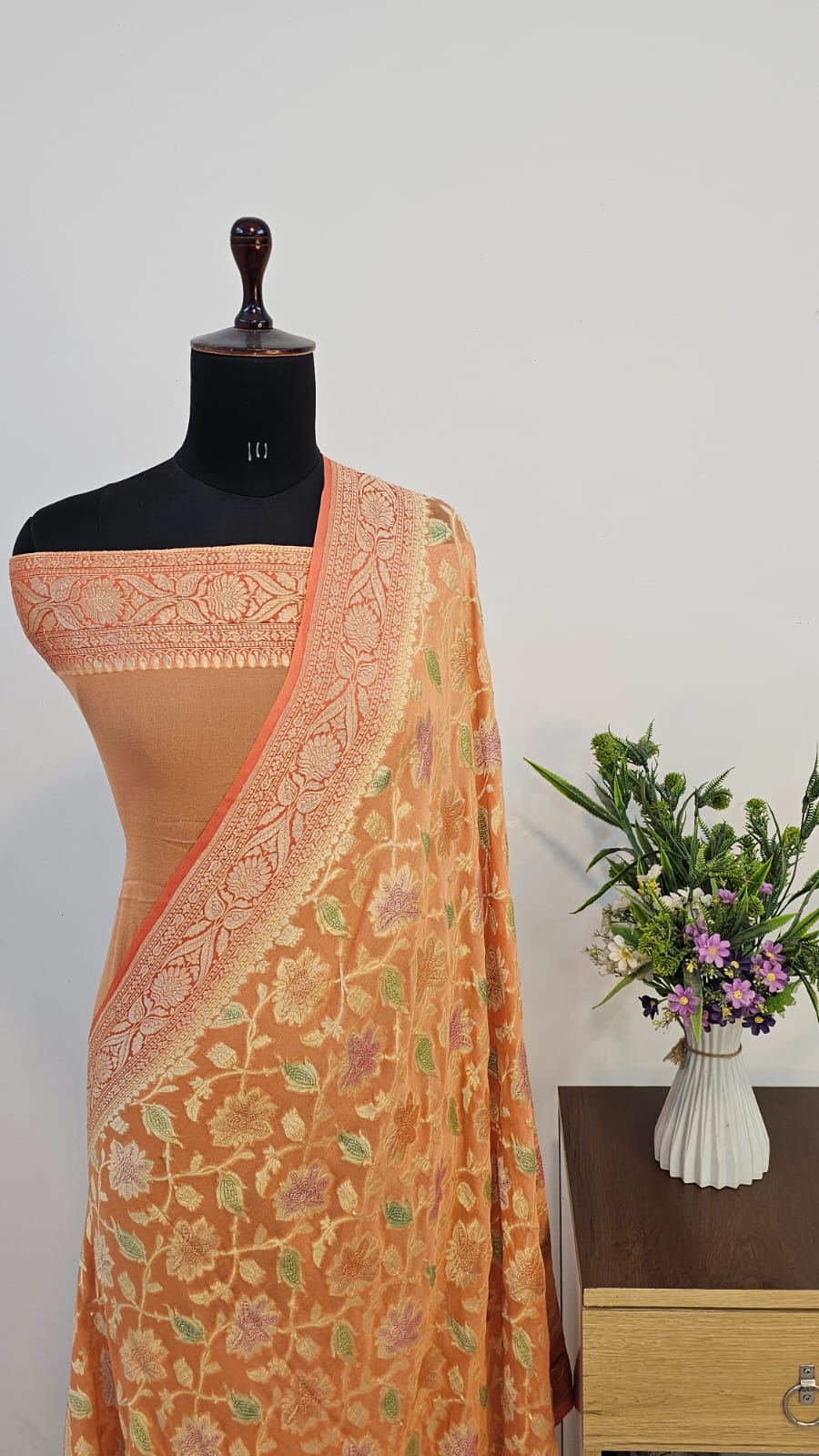 Peach & Orange Handbrush Meenakari Pure Khaddi Georgette Silk Banarasi Saree