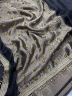 Black Tissue Silk Saree With Golden Ghungroo Butti Work & Luxury Lace Border