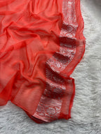 Coral Peach Pure Khaddi Chiffon Silk Banarasi Saree