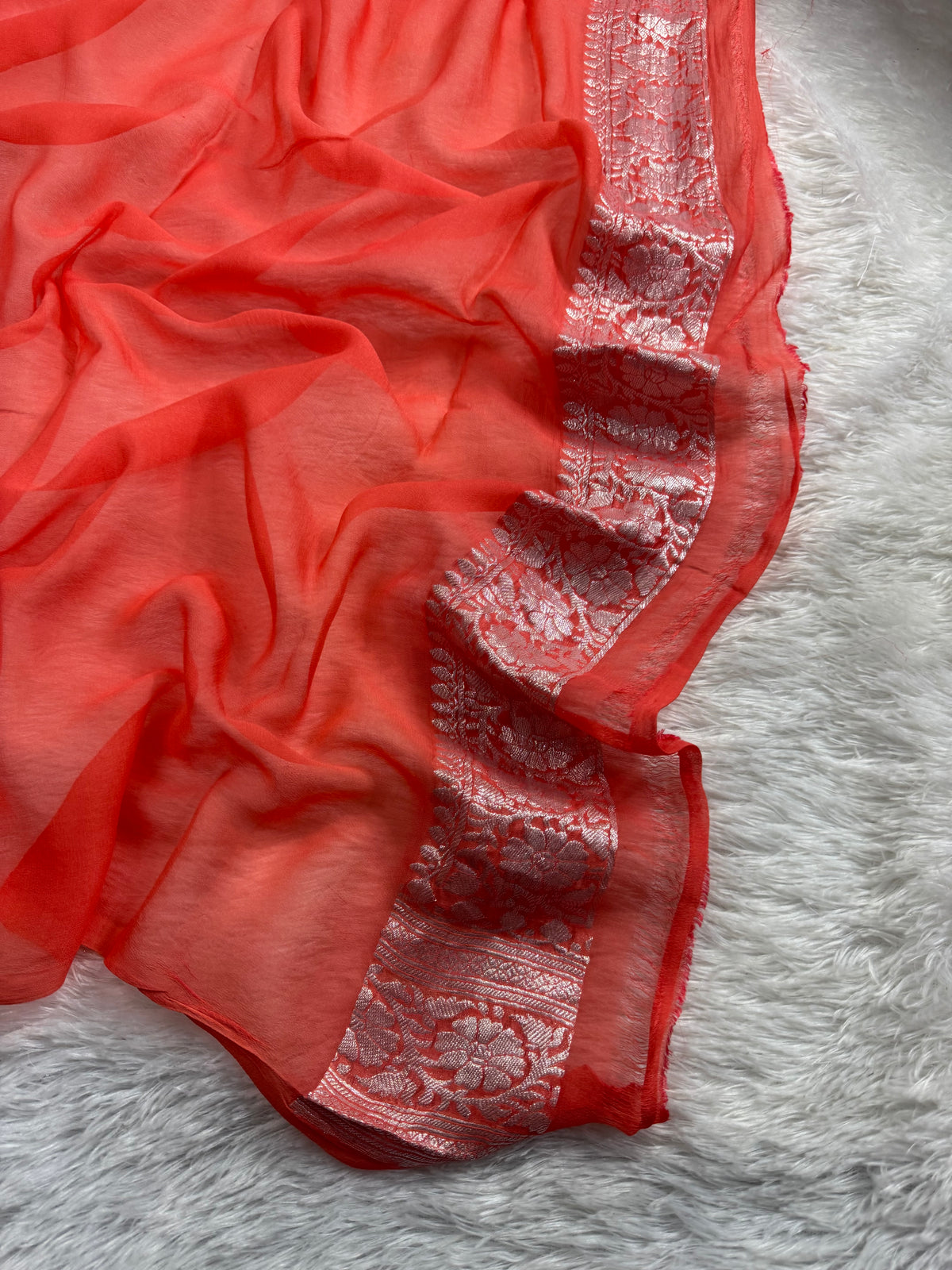 Coral Peach Pure Khaddi Chiffon Silk Banarasi Saree