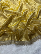 Yellow Tissue Silk Saree With Golden Ghungroo Butti Work & Luxury Lace Border