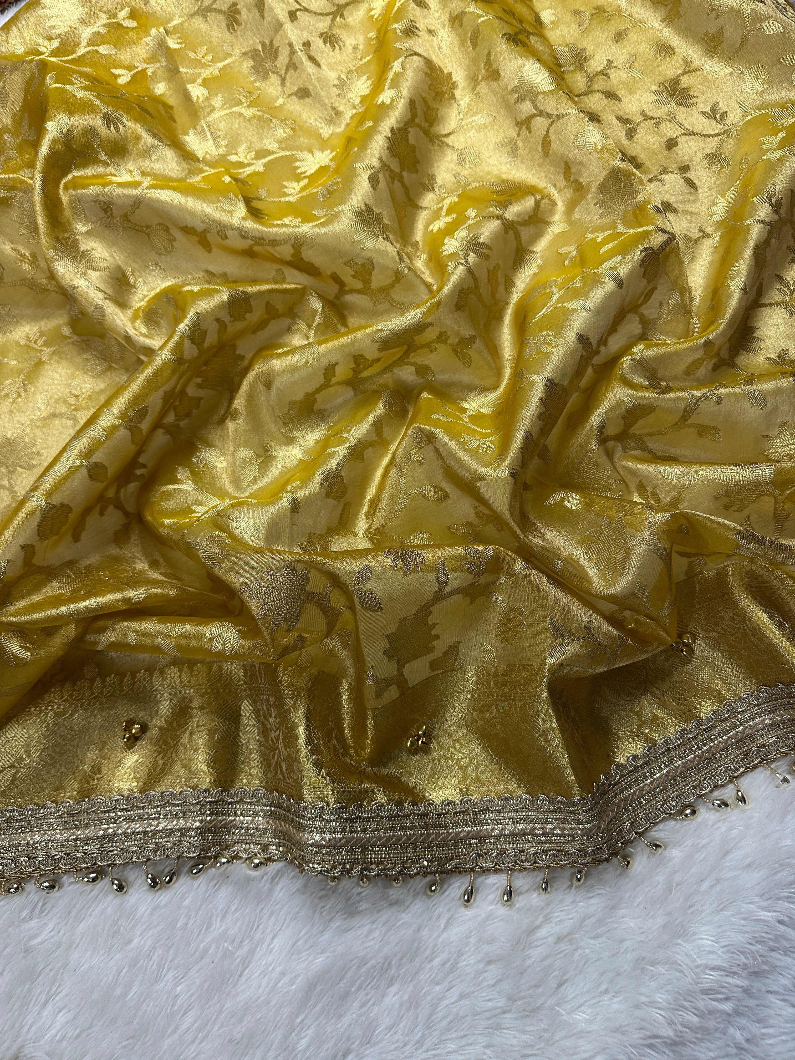 Yellow Tissue Silk Saree With Golden Ghungroo Butti Work & Luxury Lace Border