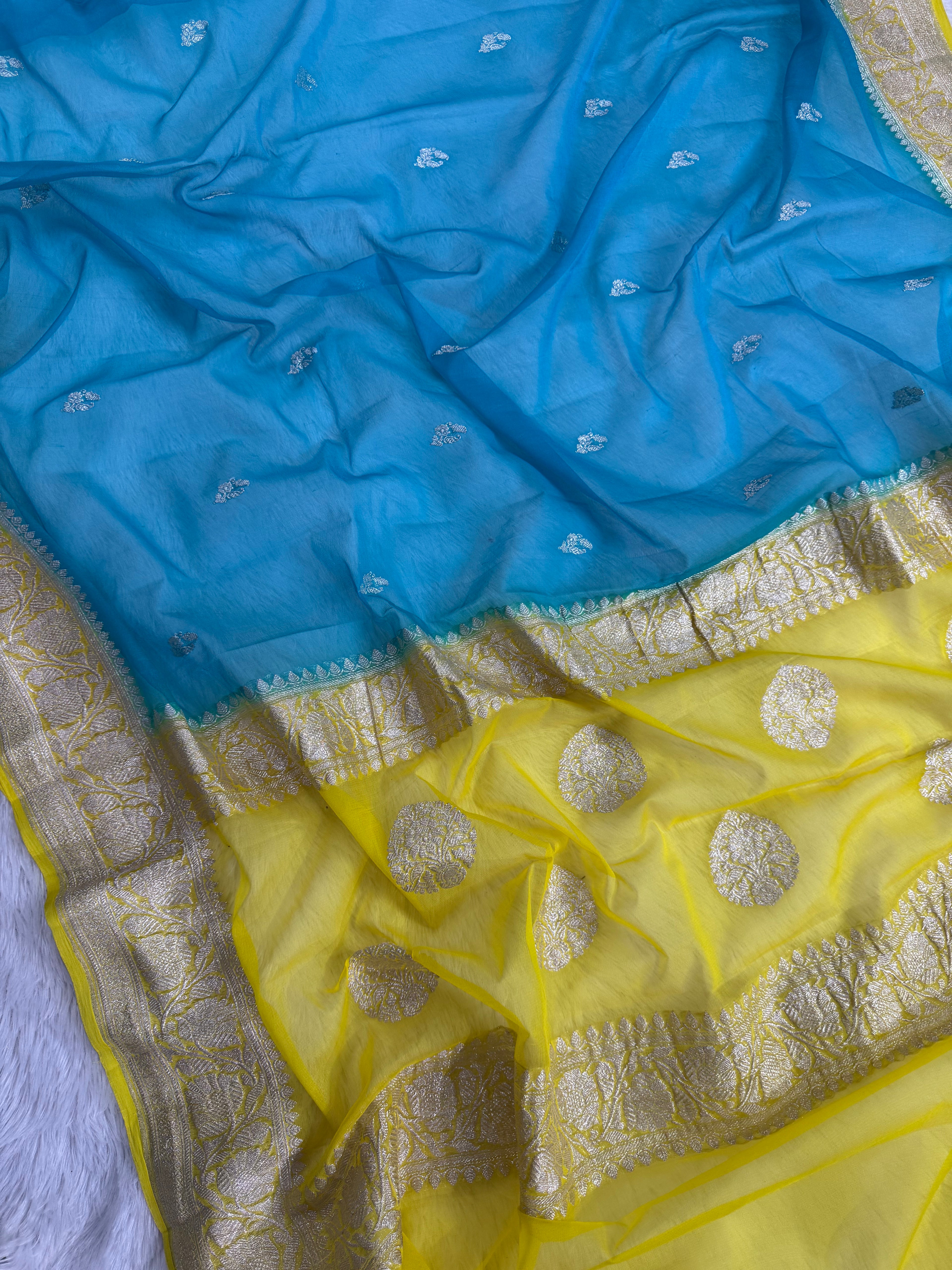 Bright Turquoise & Lemon Pure Khaddi Chiffon Silk Banarasi Saree