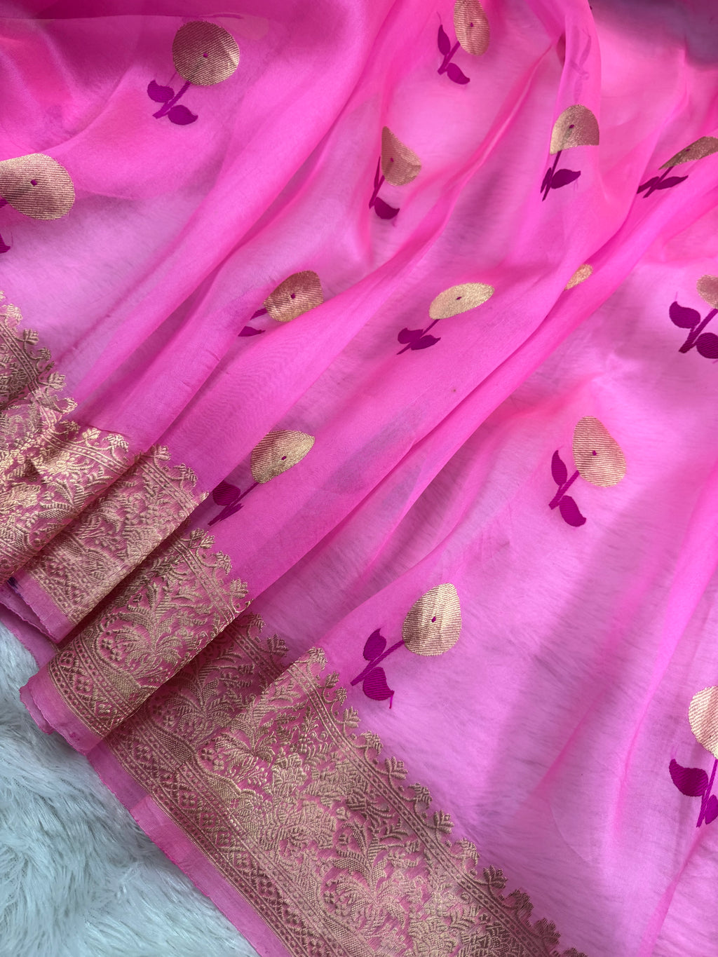 Pink Pure Kora Organza Silk Banarasi Saree