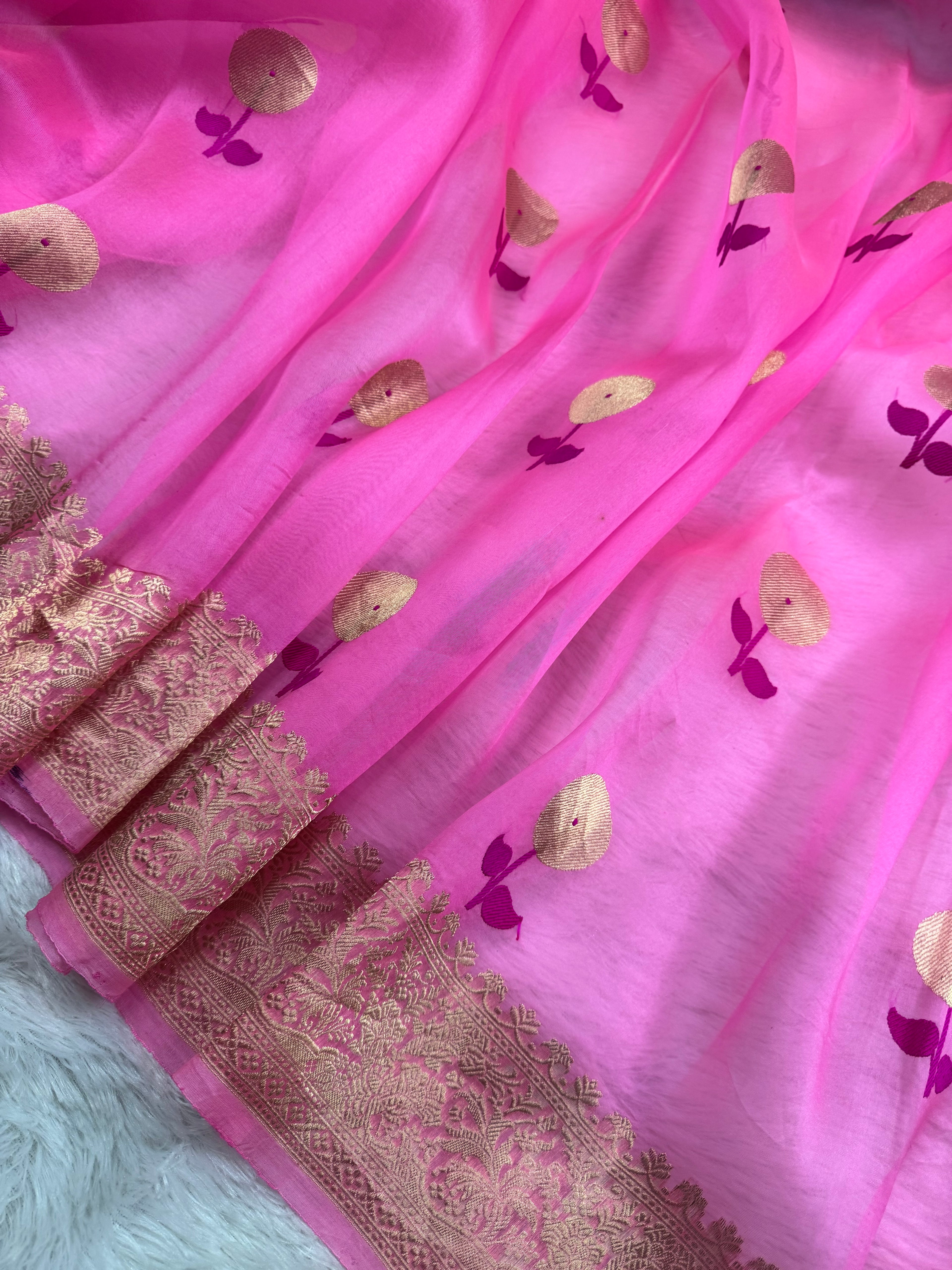 Pink Pure Kora Organza Silk Banarasi Saree