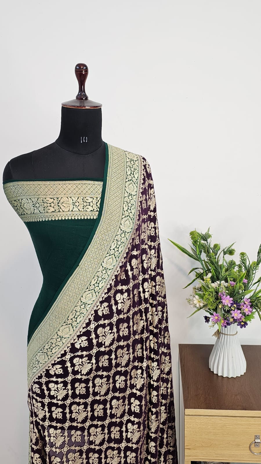 Black & Bottle Green Pure Khaddi Georgette Silk Banarasi Saree