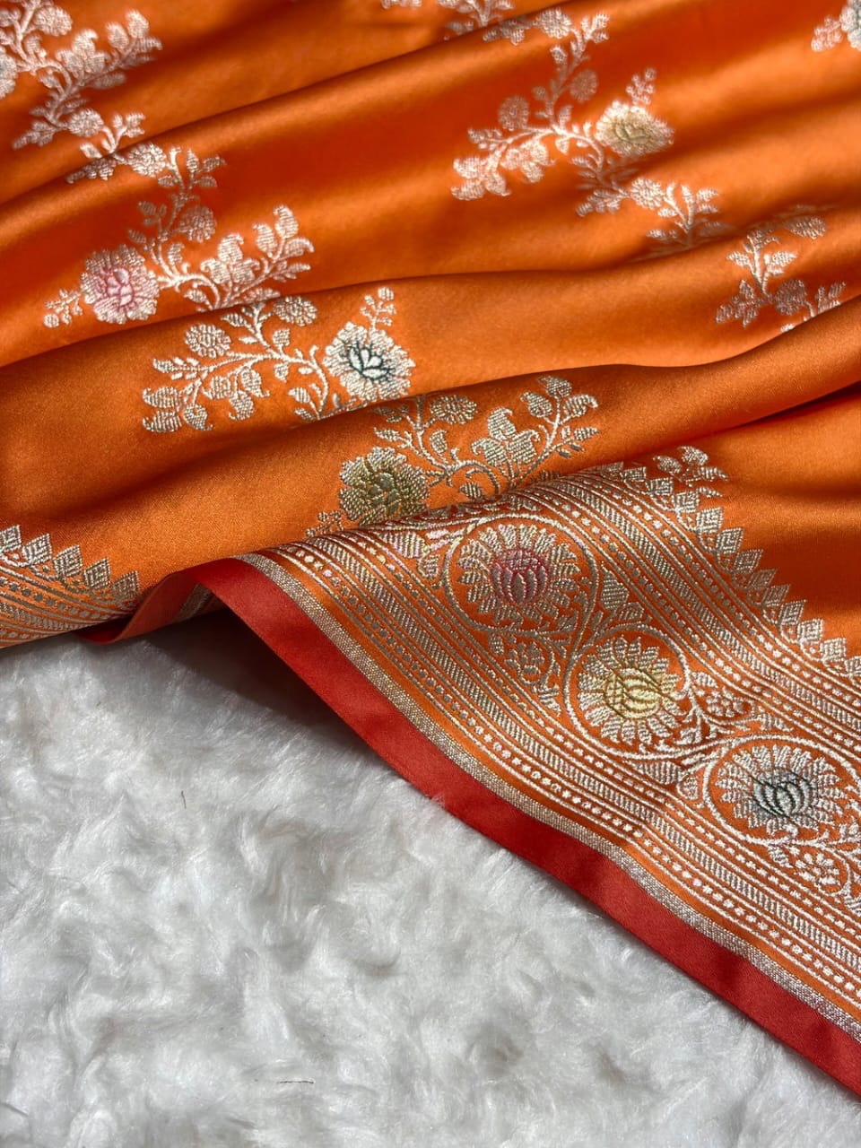 Burnt Orange Meenakri Mashru Katan Silk Banarasi Saree