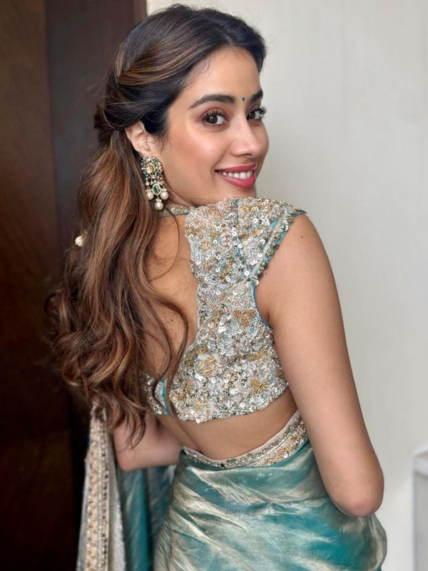Janhvi Kapoor Inspired Aqua Blue Soft Tissue Silk Saree