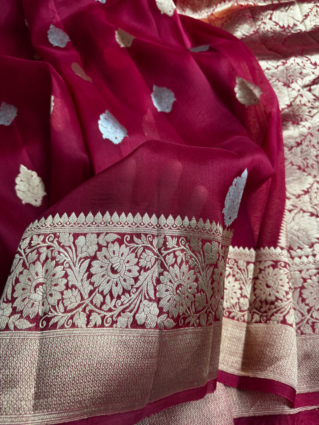 Red Pure Kora Organza Sona & Roopa Silk Banarasi Border Booti Saree
