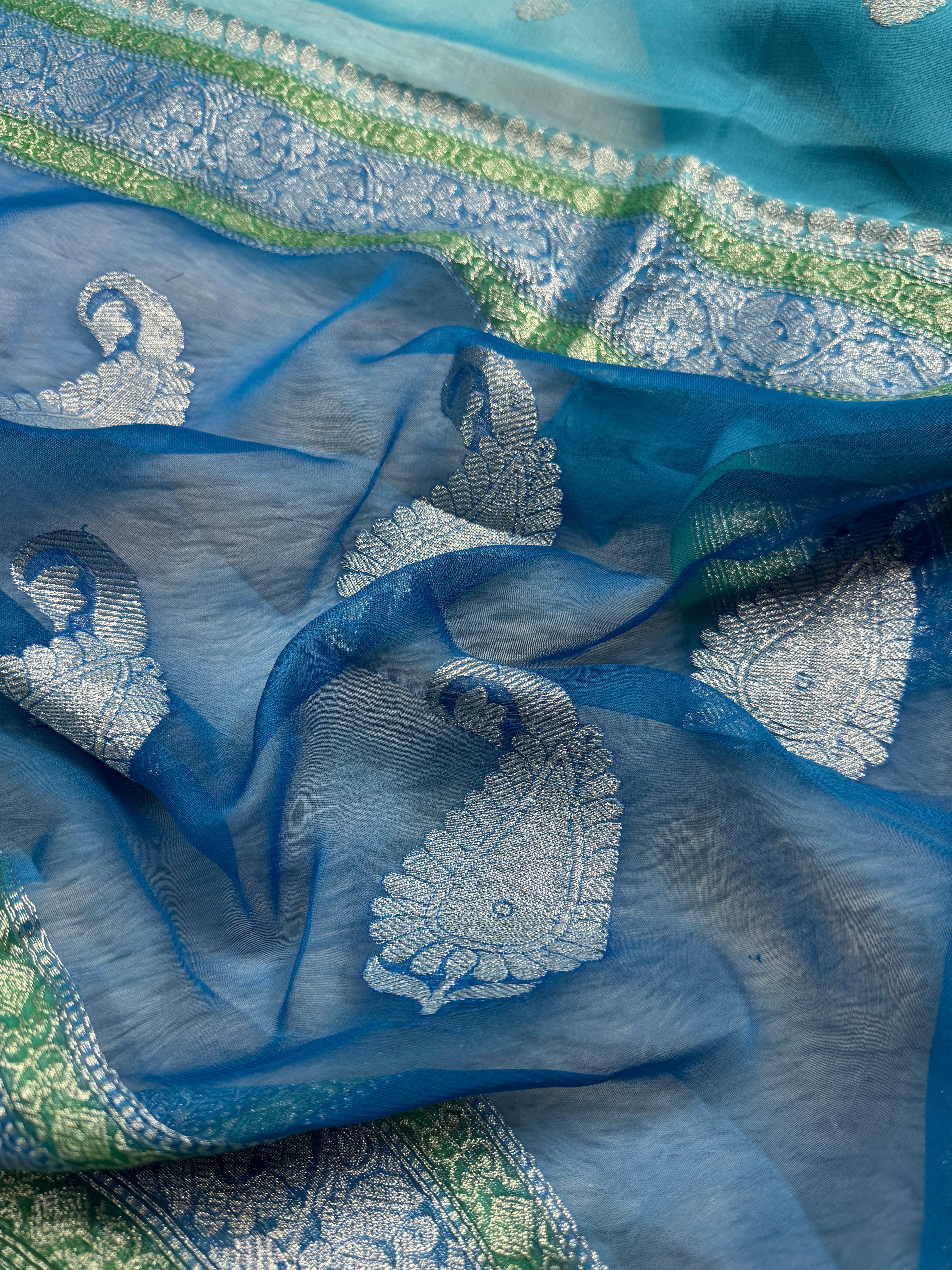 Sky Blue 3D Pure Khaddi Chiffon Silk Banarasi Saree