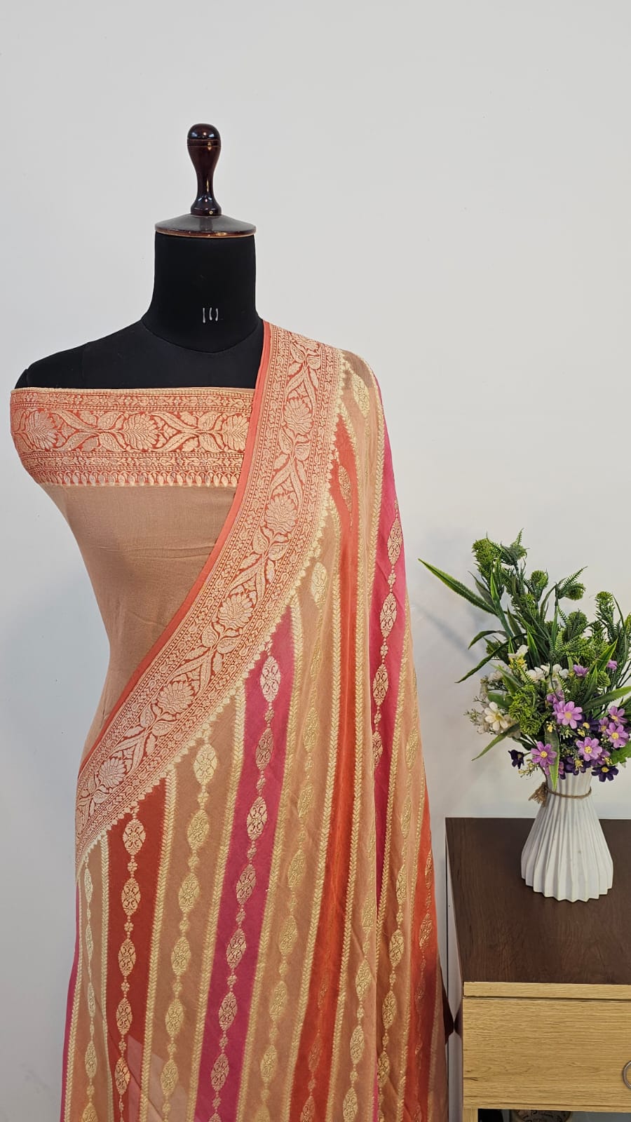 Warm Beige Rangkat Pure Khaddi Georgette Silk Banarasi Saree