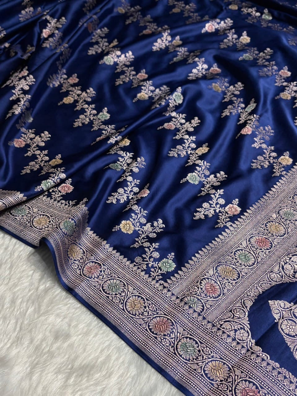 Navy Blue Meenakari Mashru Katan Silk Banarasi Saree