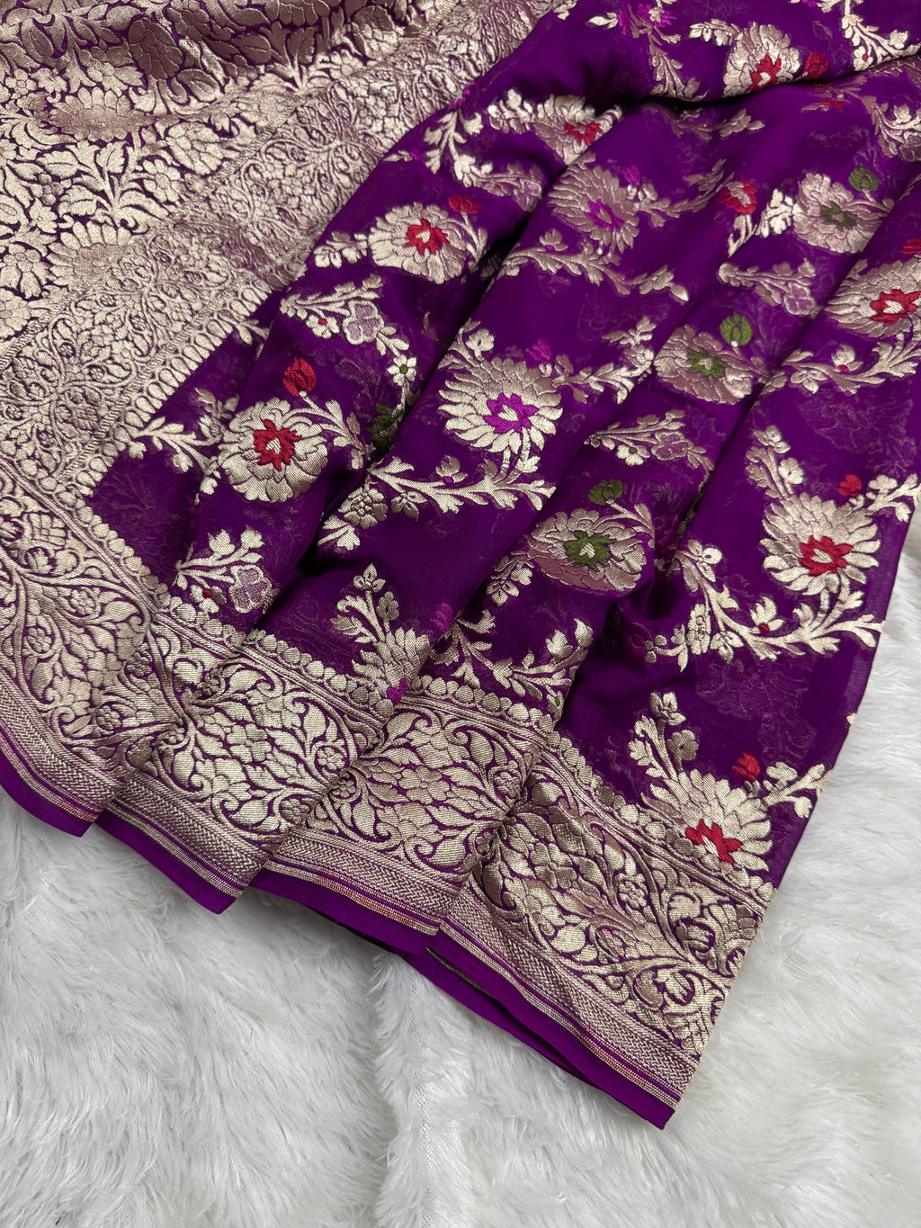 Royal Purple Pure Khaddi Georgette Silk Banarasi Meenakari Saree