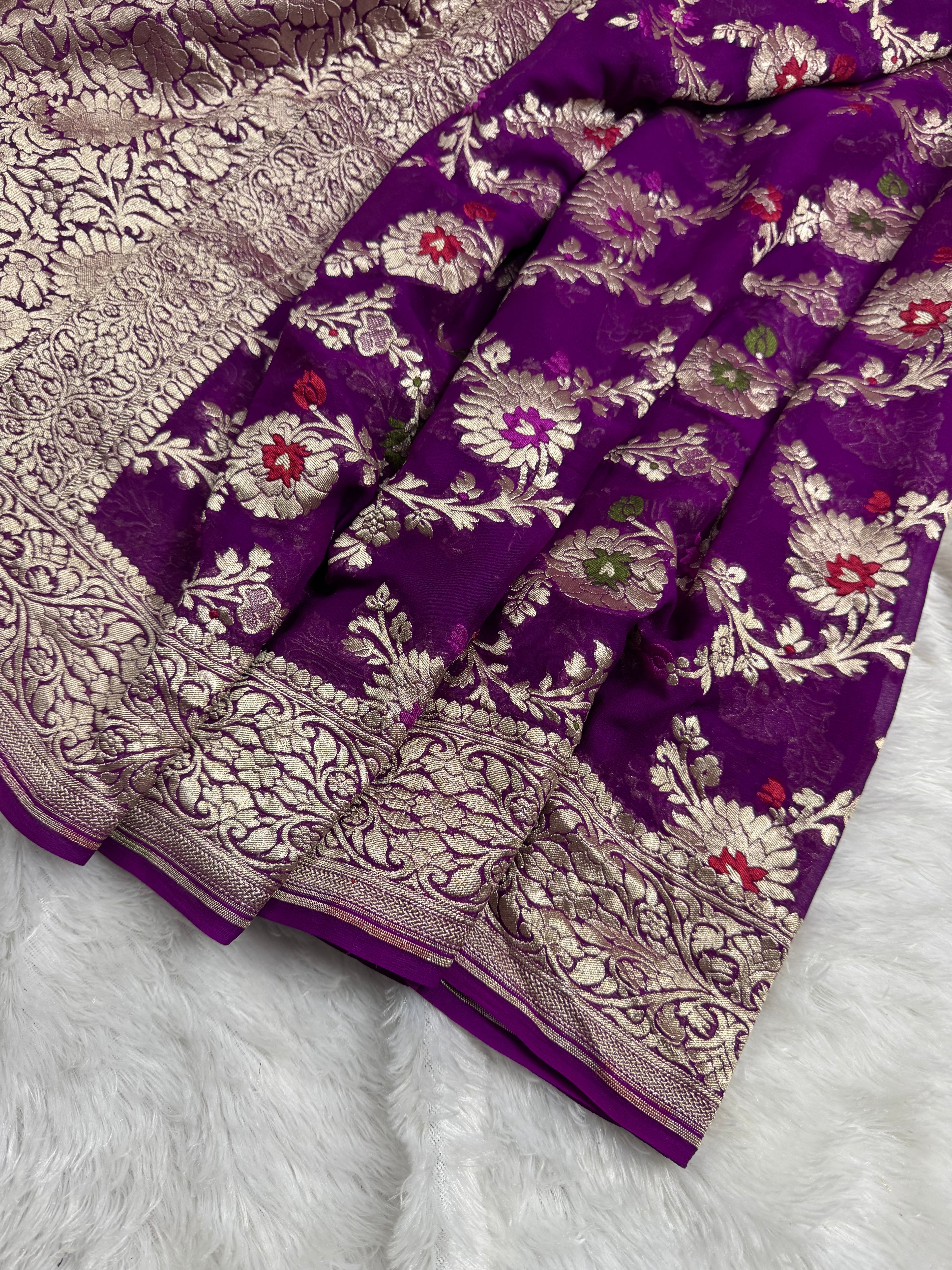 Royal Purple Pure Khaddi Georgette Silk Banarasi Meenakari Saree