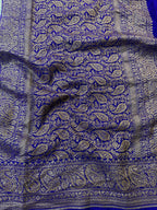 Sea Green & Dark Royal Blue Pure Khaddi Crep Silk Banarasi Saree