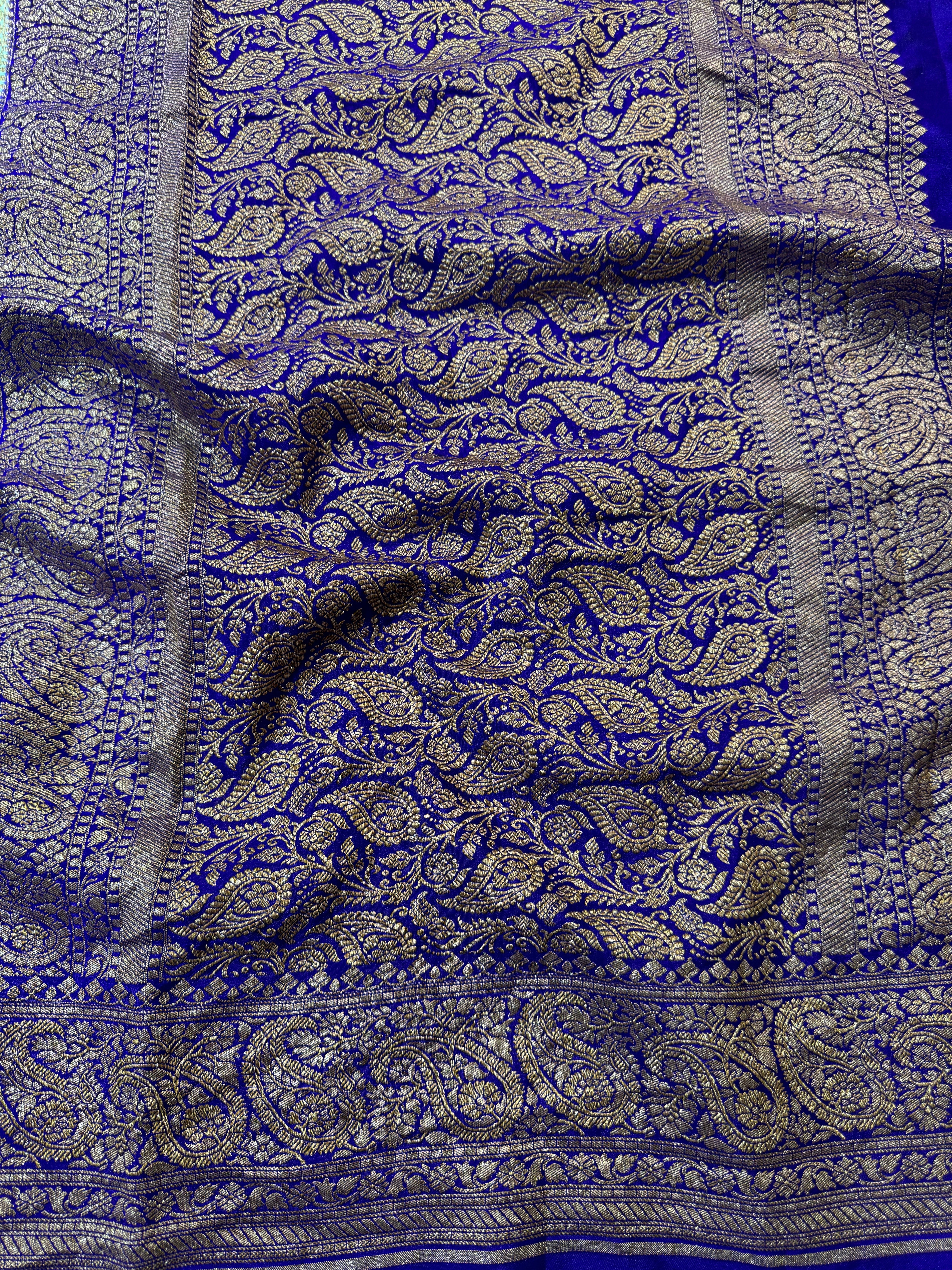 Sea Green & Dark Royal Blue Pure Khaddi Crep Silk Banarasi Saree