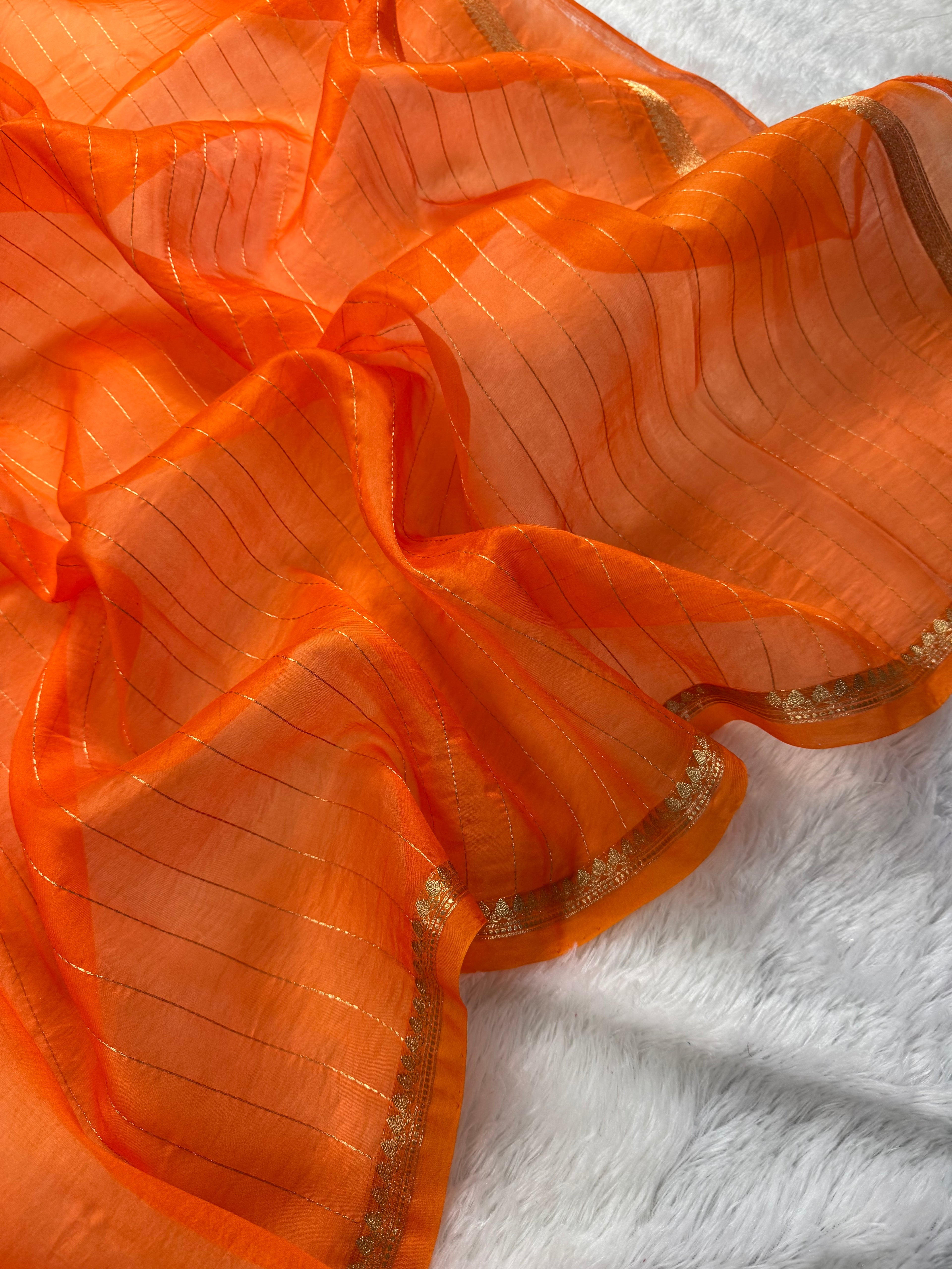 Rust Orange Pure Kora Organza Silk Banarasi Saree