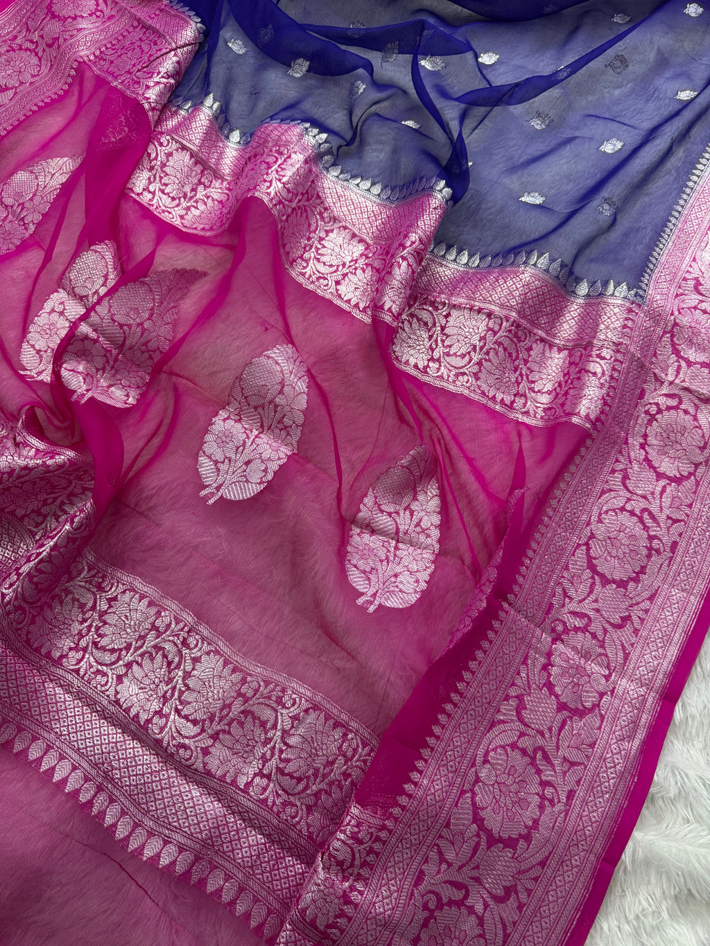 Royal Blue & Rani Pink Pure Khaddi Chiffon Silk Banarasi Saree