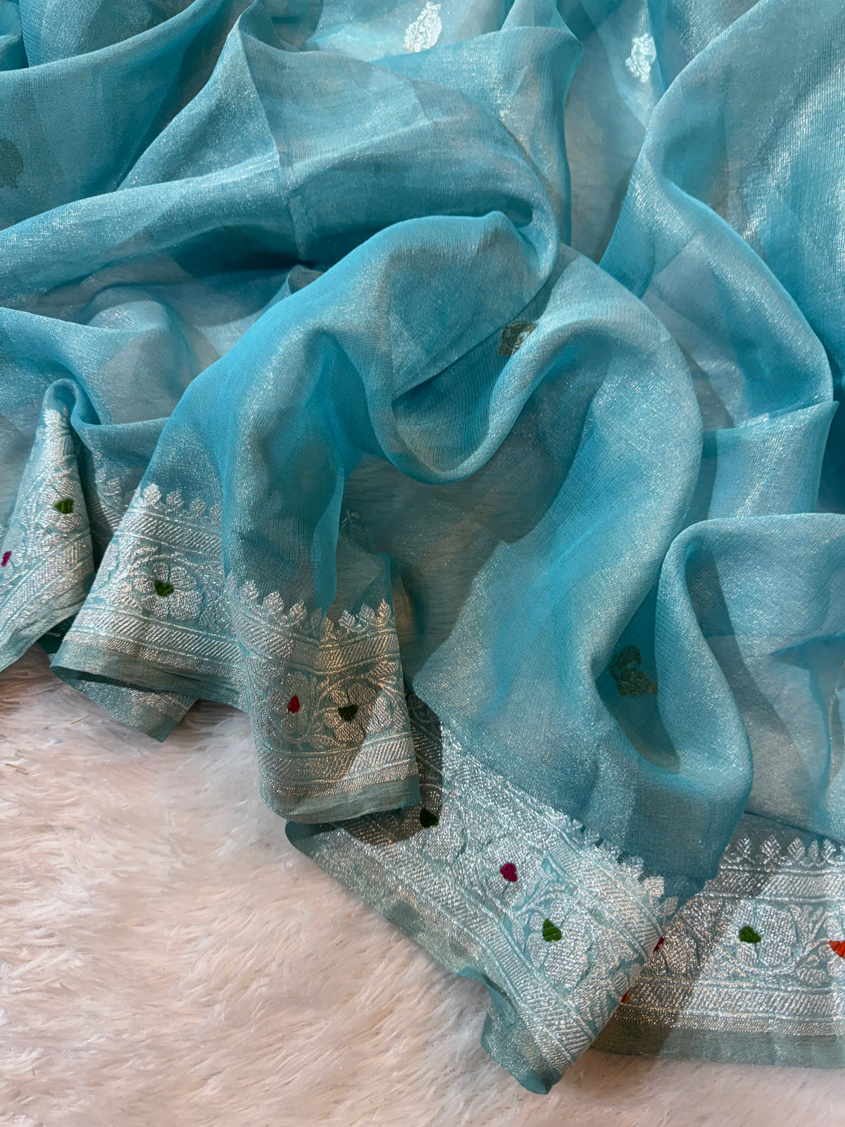 Sky Blue Pure Khaddi Tissue Chiffon Sona & Roopa Meenakari Banarasi Saree