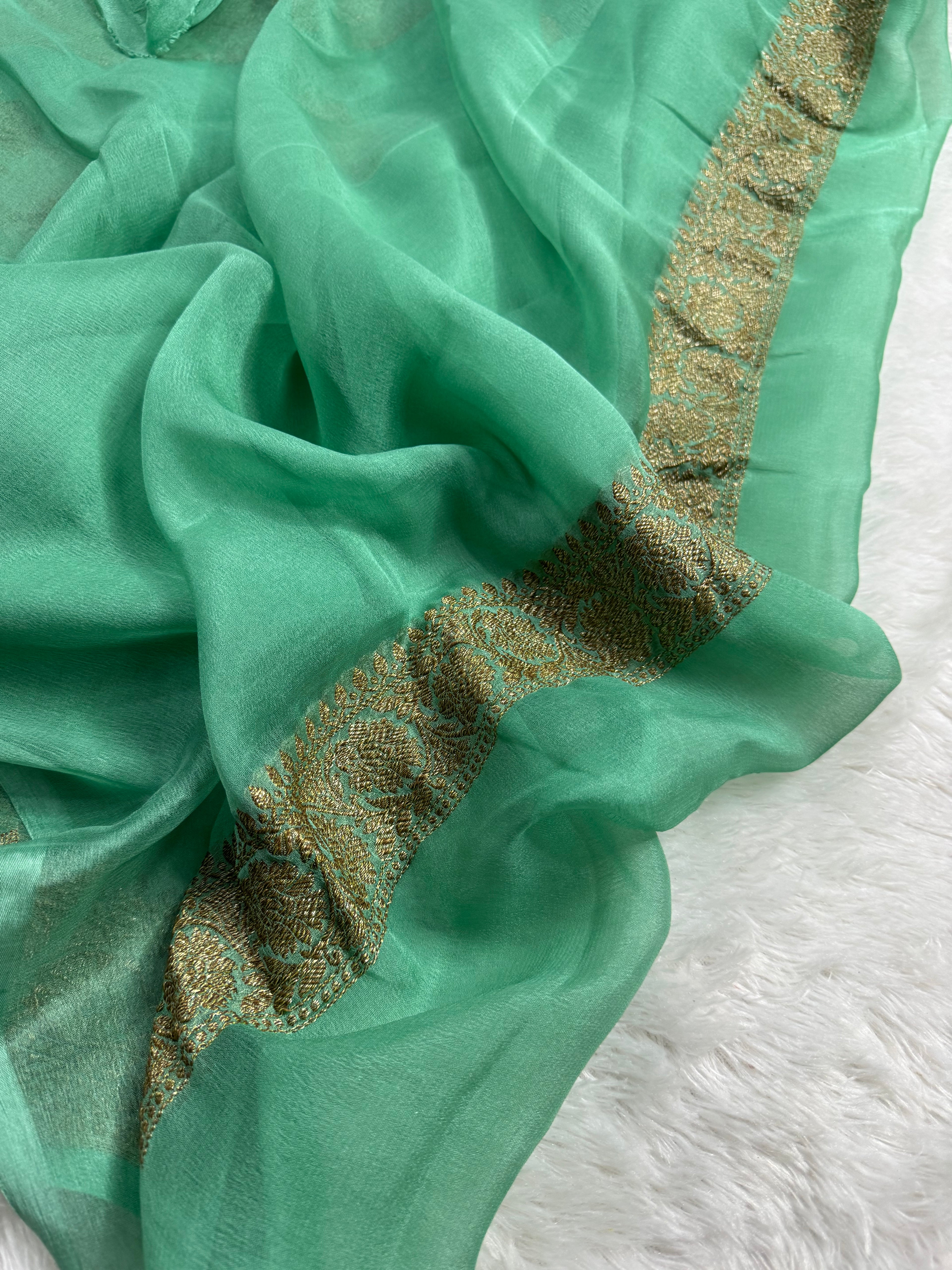 Pista Mint Green Pure khaddi Chiffon Silk Banarasi Saree