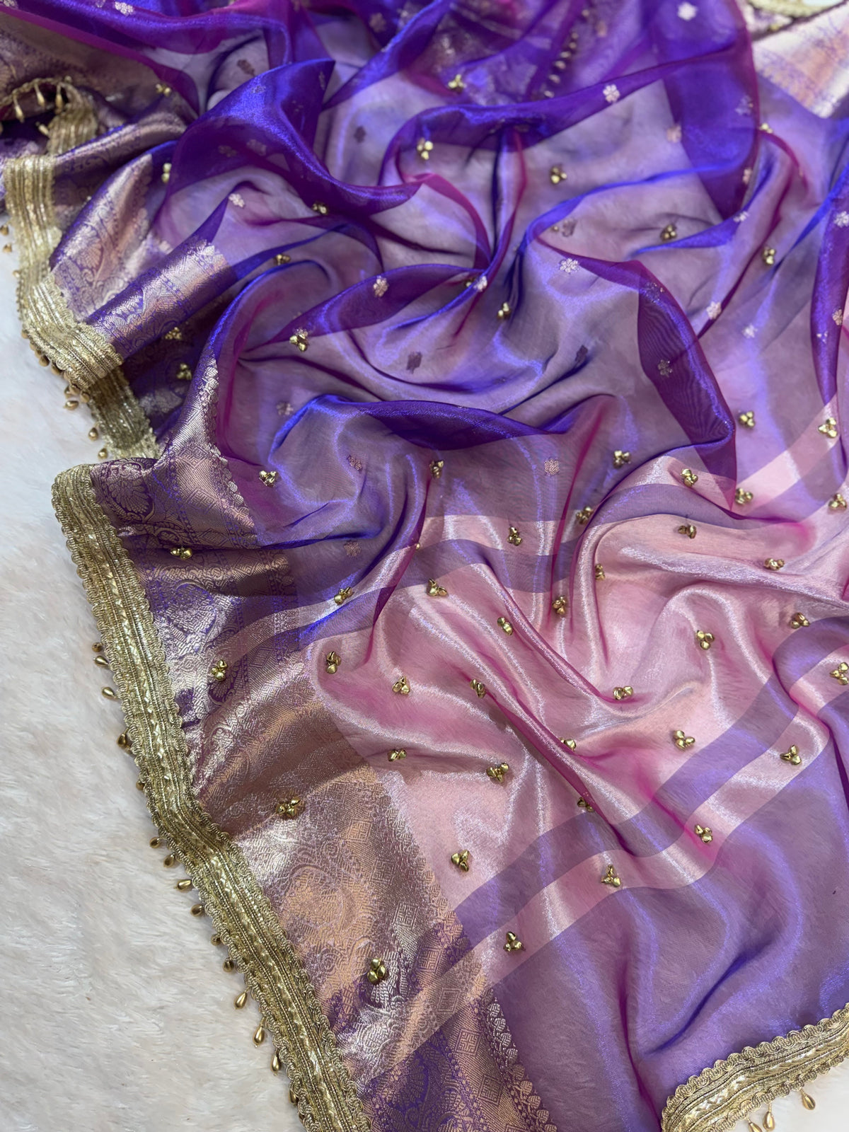 Purple Tissue Silk Saree With Golden Ghungroo Butti Work & Luxury Lace Border