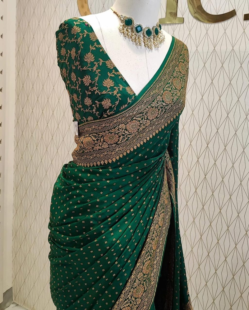 Bottle Green Pure Khaddi Crep Silk Banarasi Saree