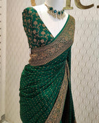 Bottle Green Pure Khaddi Crep Silk Banarasi Saree