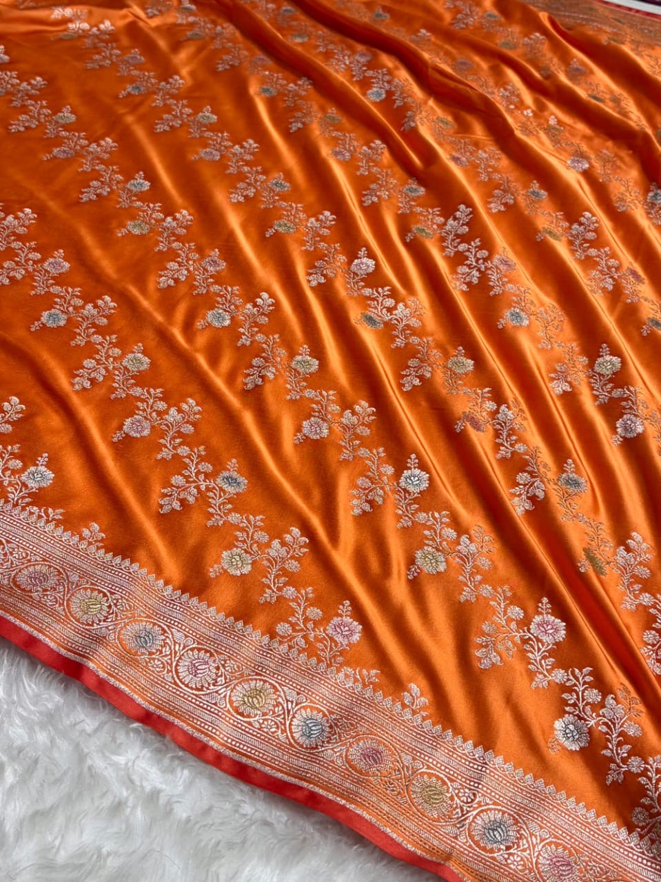 Burnt Orange Meenakri Mashru Katan Silk Banarasi Saree