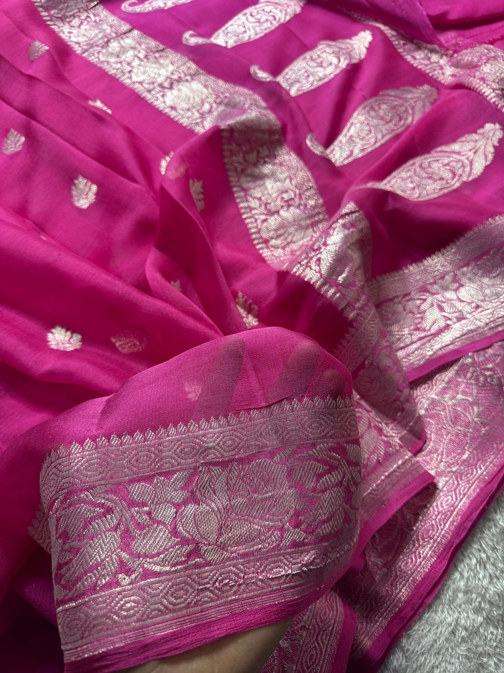 Rani Pink Pure Khaddi Chiffon Silk Banarasi Saree
