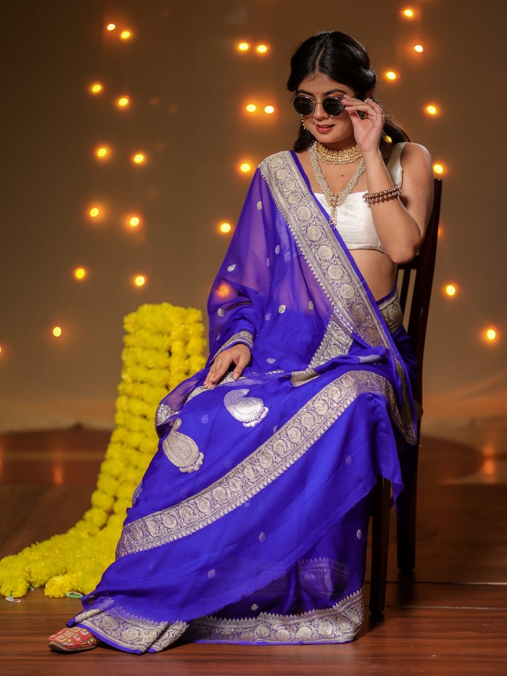 Royal Blue Pure Khaddi Chiffon Silk Banarasi Saree