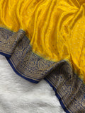 Yellow Gold & Navy Blue Pure Khaddi Crep Silk Banarasi Saree