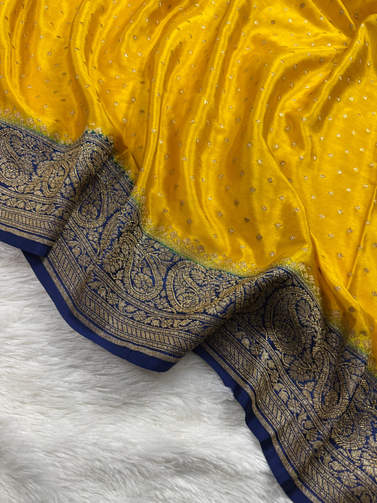 Yellow Gold & Navy Blue Pure Khaddi Crep Silk Banarasi Saree