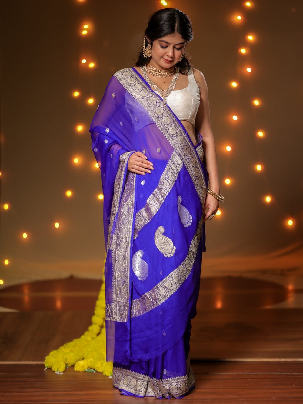 Royal Blue Pure Khaddi Chiffon Silk Banarasi Saree