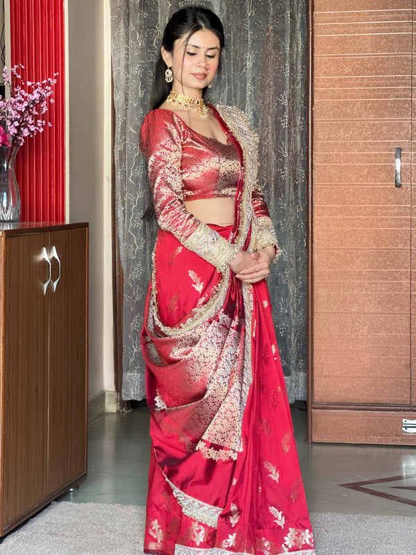 Maroon Red Banarasi Nazakat Soft Silk Saree
