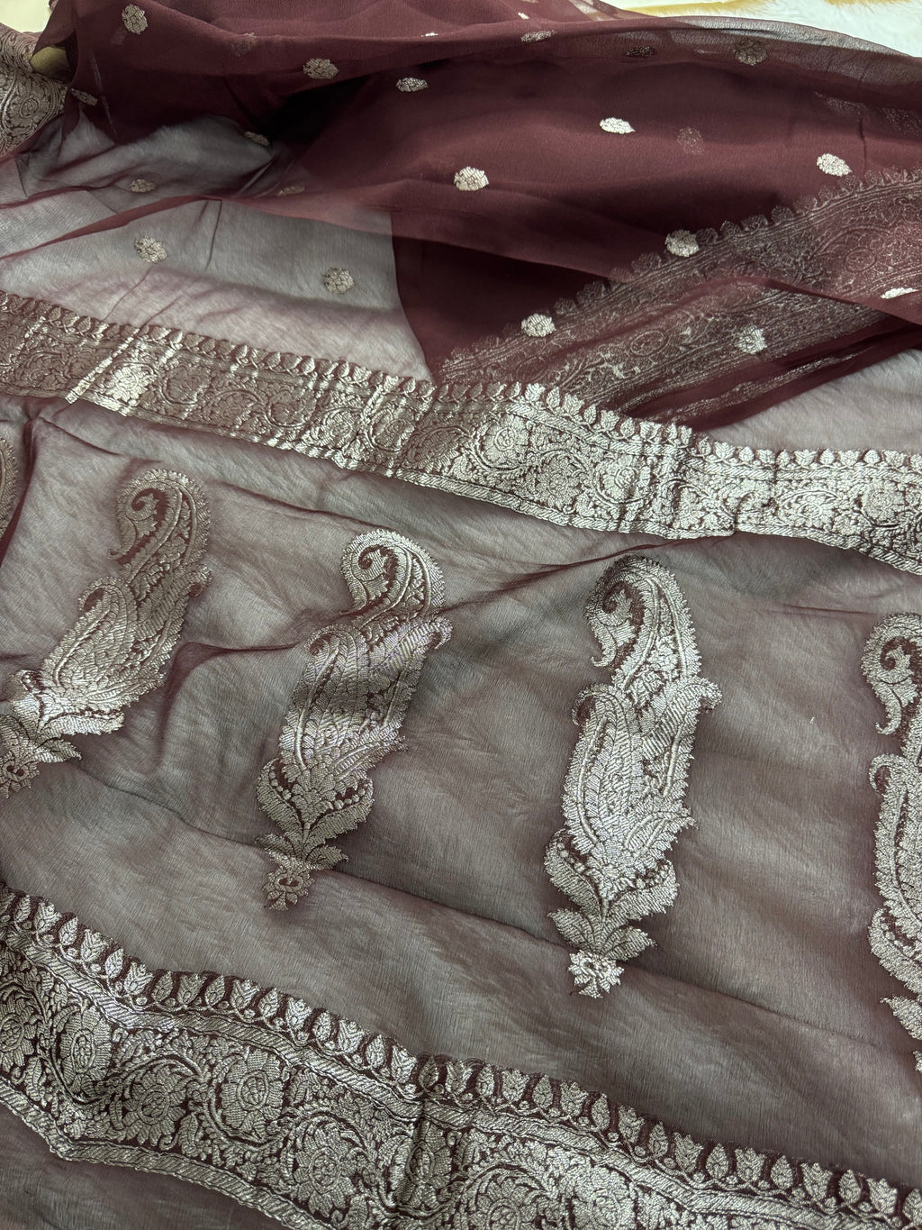 Dark Brown Pure Khaddi Chiffon Silk Banarasi Saree